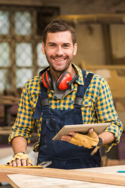 Artisan en bleu de travail avec des gants et un casque anti bruit